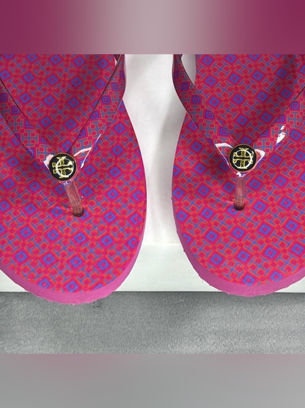 Tory Burch Pink and Blue Patterned Logo Flip Flops - Picture 4 of 14